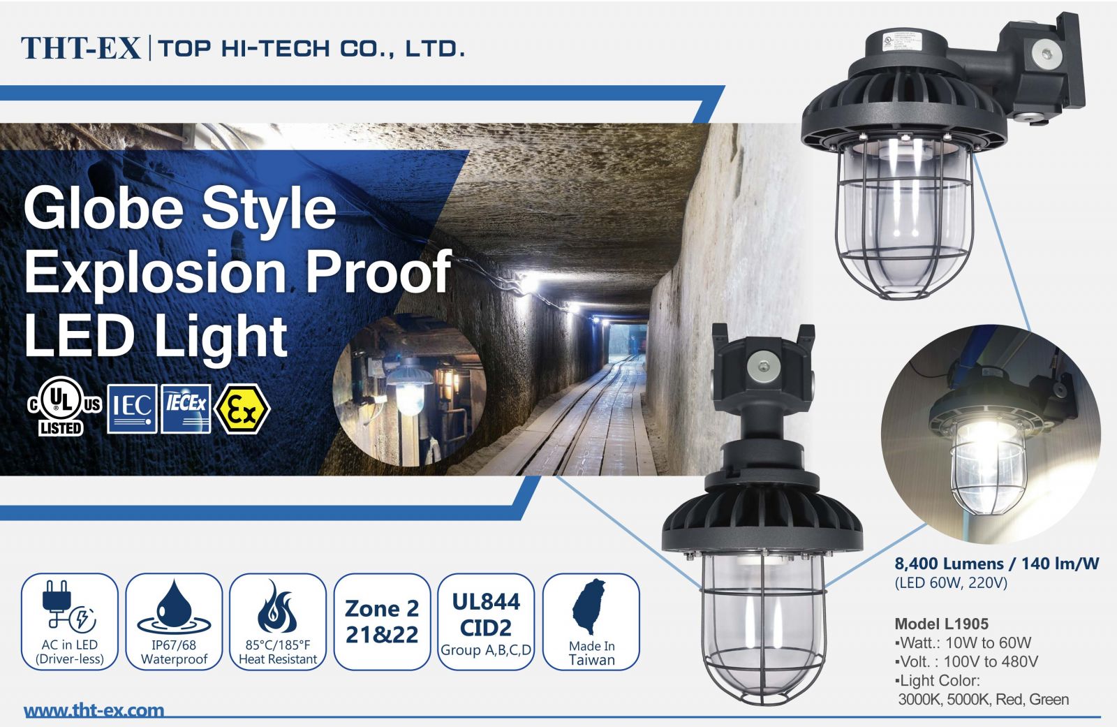 トンネルエリア、低天井照明用のグローブタイプ防爆LEDライト